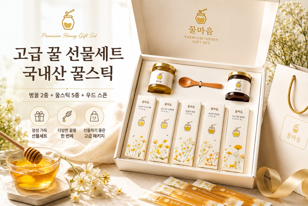 고급 꿀 선물세트 국내산 꿀스틱 단체 선물 세트, 병꿀·5종 꿀스틱을 담은 감사선물 제품 이미지
