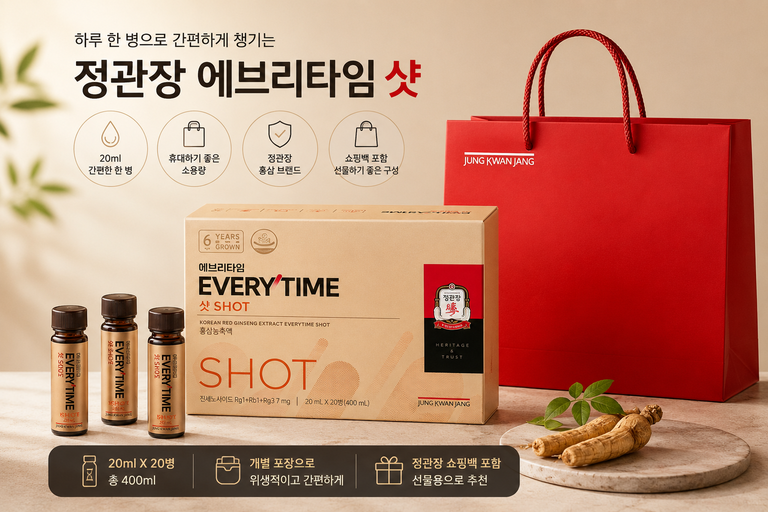정관장 에브리타임 샷 20ml 20병 400ml, 쇼핑백 포함 간편 홍삼 선물세트