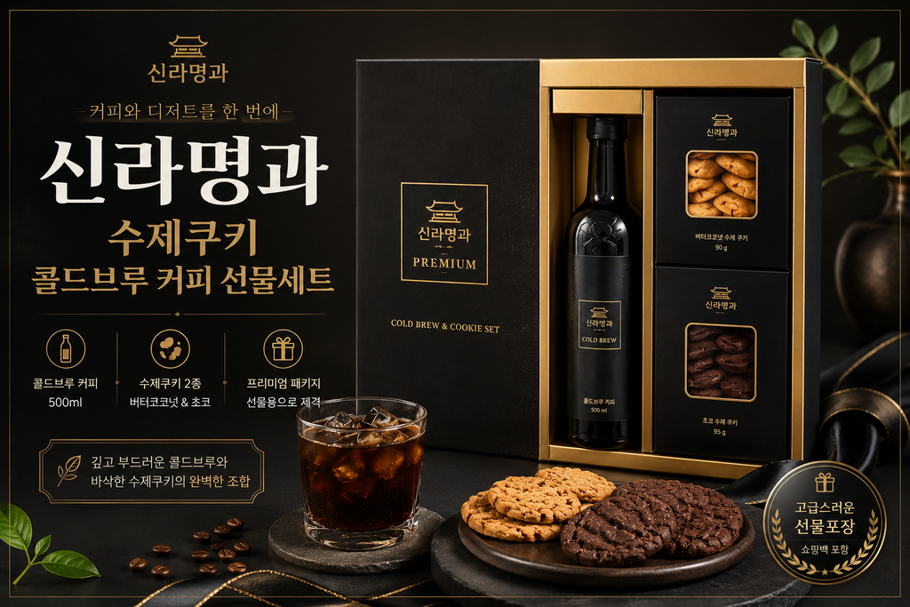 신라명과 수제쿠키 콜드브루 커피 선물세트, 커피와 쿠키 2종을 함께 담은 프리미엄 구성 제품 이미지
