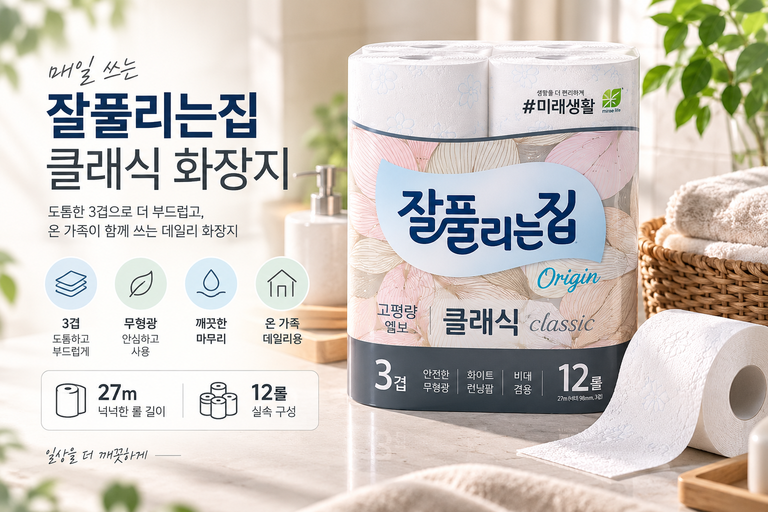 잘풀리는집 클래식 화장지 3겹 27m 12롤 두루마리 휴지