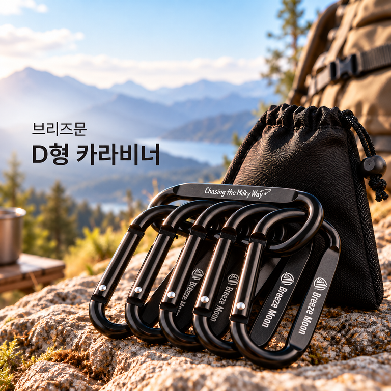 브리즈문 D형 알루미늄 카라비너 5P 블랙 30×60mm 보관 파우치 캠핑 등산 고리 세트