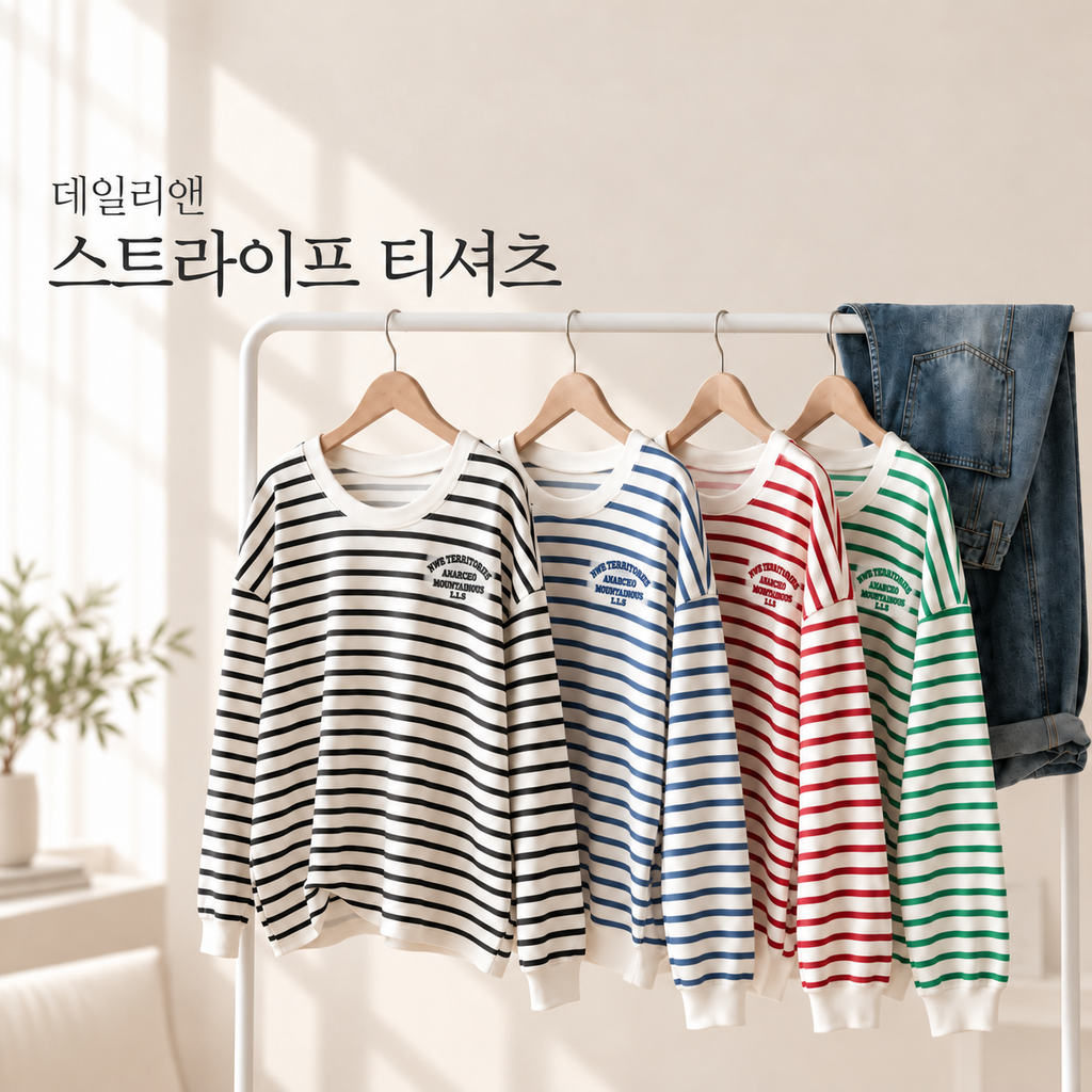 데일리앤 더스트 여성 스트라이프 긴팔 티셔츠 면 100% 자수 레터링 루즈핏 봄 데일리룩 제품 이미지
