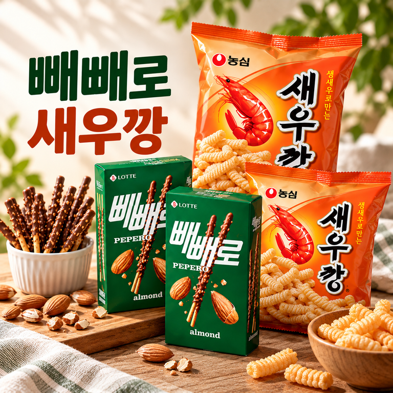 빼빼로 아몬드 새우깡 37g 2갑 90g 2봉 과자 혼합세트 봉지과자 간식 추천