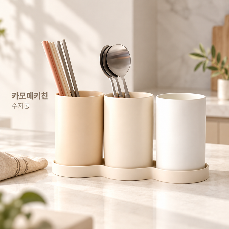 카모메키친 3구 수저통 크리미 차콜그레이 물빠짐 수저꽂이 주방 정리