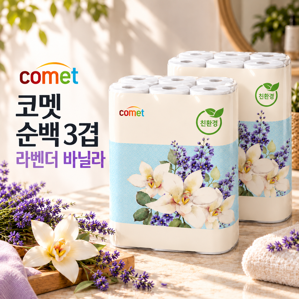 코멧 순백 3겹 라벤더 바닐라 롤화장지 30m 30롤 2팩 총 60롤 두루마리 휴지 제품 이미지